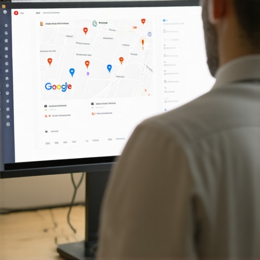 Business owner reviewing local SEO analytics on a computer with Google Maps open.