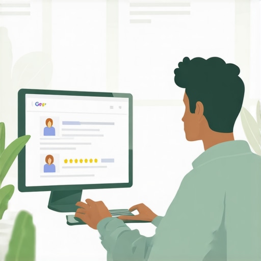 Business owner updating Google My Business profile on a laptop with review and photo icons.