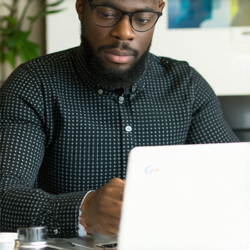 Business owner updating Google My Business profile on laptop