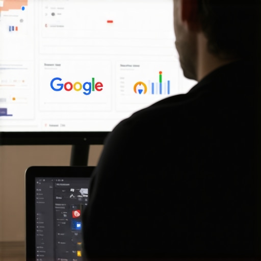 Person working on Google My Business profile optimization on a laptop with charts and icons.