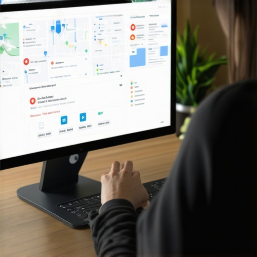 Person editing a Google Business listing on a desktop computer with maps and analytics display