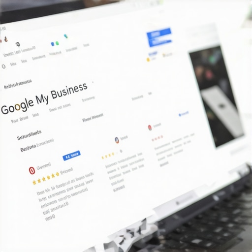 A person editing a Google My Business profile on a laptop, showing profile details and review management