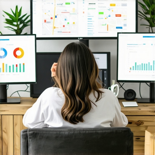 Person analyzing SEO data on multiple screens with charts showing local search rankings.