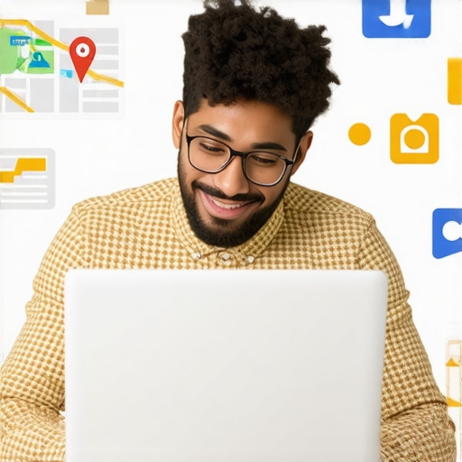 Business owner editing Google profile on laptop with maps and marketing icons