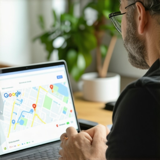 Business owner editing GMB profile on computer with map interface.
