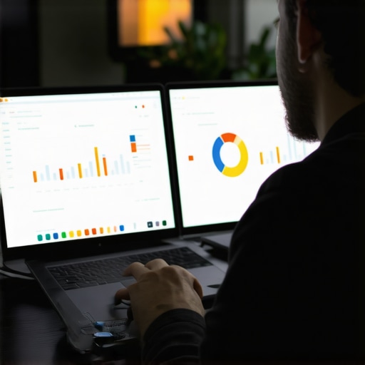 A professional analyzing local SEO metrics on a digital screen in a modern office.