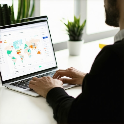 Person analyzing maps and SEO performance analytics on a laptop in office.