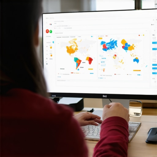 A person viewing detailed SEO analytics on a computer screen with maps and graphs.