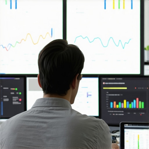 A professional analyzing SEO metrics and maps data on digital dashboards for ongoing optimization