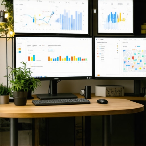 SEO Tools at Work for Local Map Optimization Person managing local SEO tools and analytics on multiple screens in an office setting.