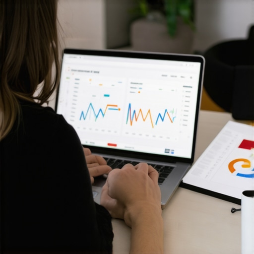 Person analyzing local SEO metrics on a laptop with maps and charts