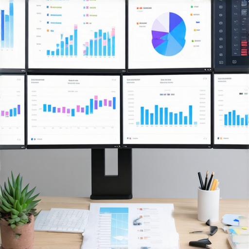 Person analyzing local search ranking data on multiple monitors.