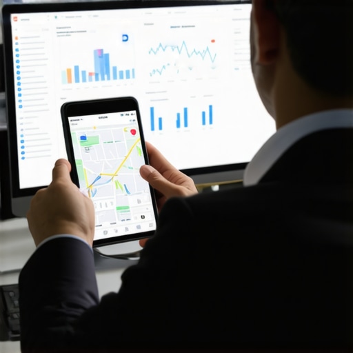 Business professional reviewing local SEO performance on mobile with analytics