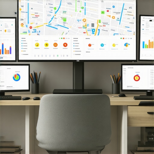 Desk workspace with maps and SEO performance dashboards