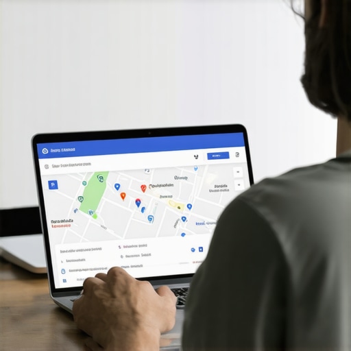 Person editing business profile on computer with local map behind