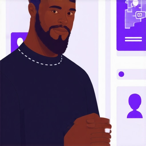 Business owner optimizing Google profile using local SEO tools with digital maps and engagement icons