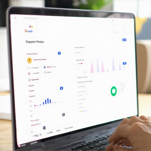 Person actively updating their Google My Business profile on a laptop, with performance graphs on screen.