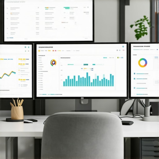 An office setup showing various SEO monitoring tools on computer screens.