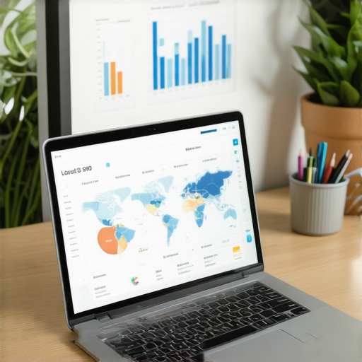 Advanced Local SEO Analytics Tools Laptop displaying local SEO analytics and map data on a desk