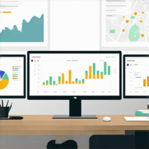 Computer screen displaying local SEO analytics, spatial mapping, and dashboard dashboards.