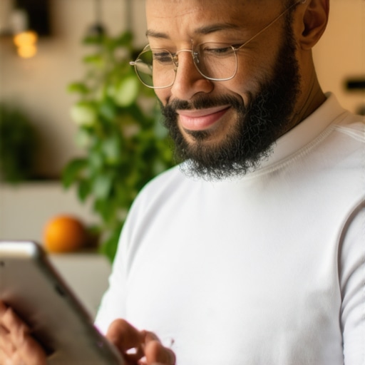 Business owner optimizing Google Business Profile on tablet in a vibrant local cafe.