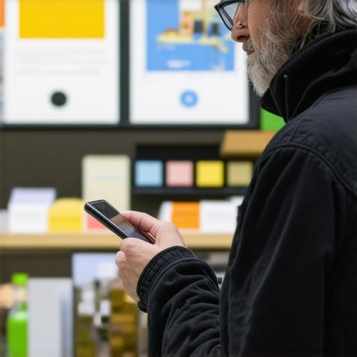 Verifying Business Location for Better Maps Performance Business owner using mobile device inside a storefront to verify location, with store signage and customer activity visible.