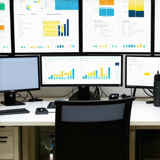 A high-tech workspace showing screens with analytics dashboards and SEO performance metrics.